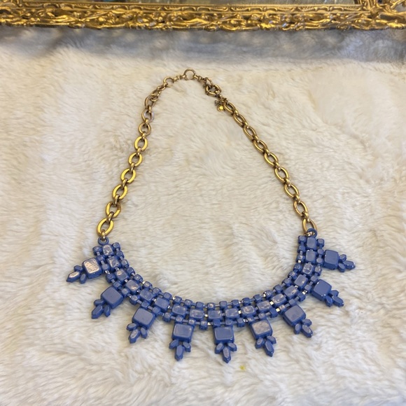 💜J Crew Gold Tone Matte Blue Rhinestone Statement Necklace - Picture 2 of 4